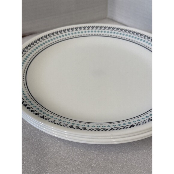 4 Corelle by Corning 10" Dinner Plates Folk Stitch Pattern Blue Geometric - Picture 2 of 8